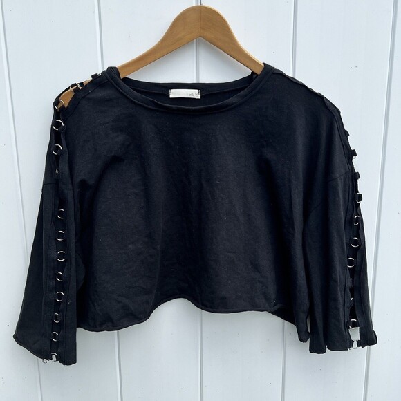 Jella C Crop Top Black Cutout Shirt Short Sleeve Tee Festival Crew Neck Small - Picture 1 of 6